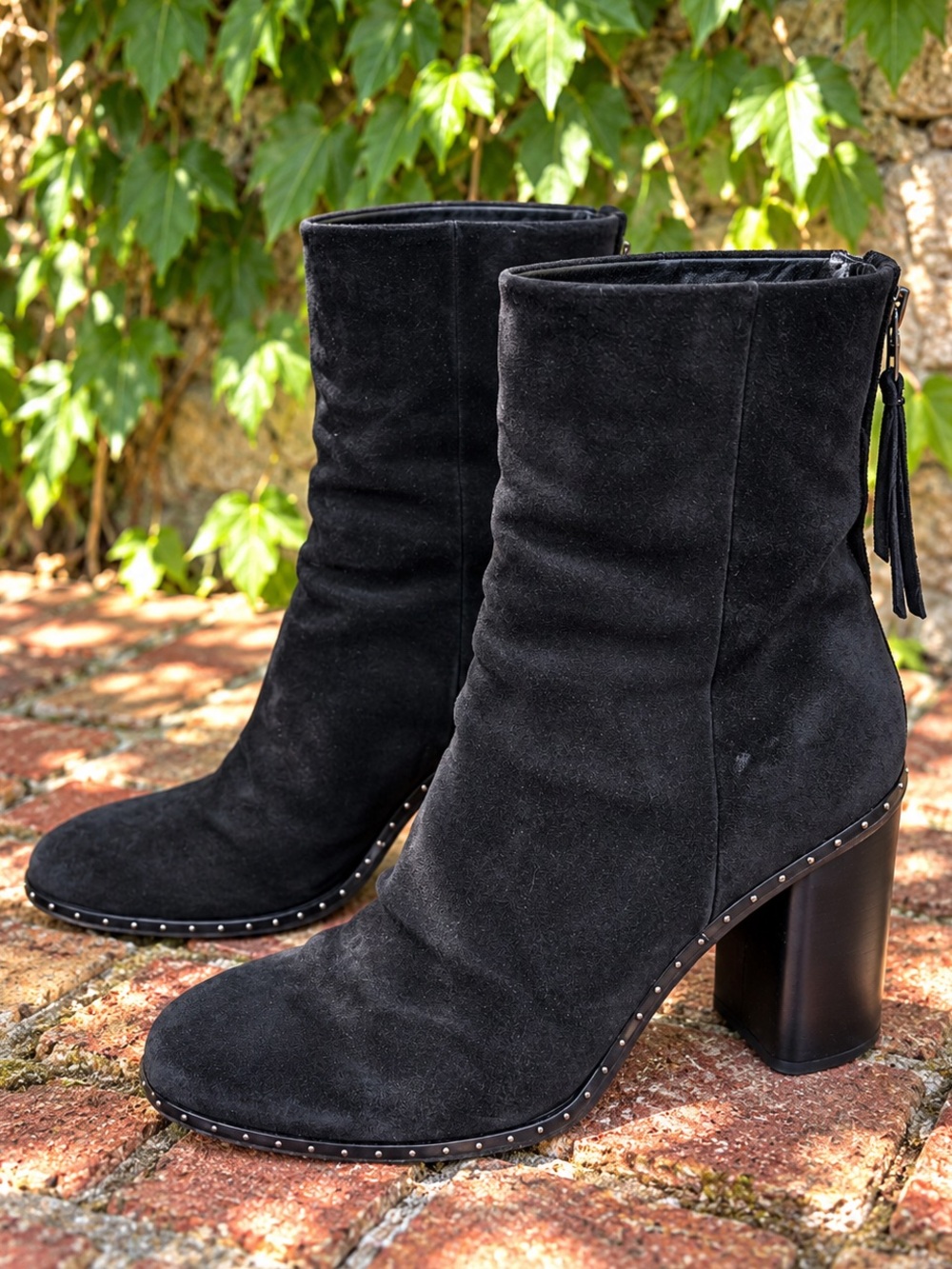 RAG & BONE Black Studded Suede Rock and Roll Downtown Made In Italy Boots, 39.5